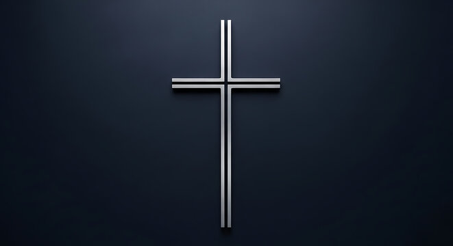 A sleek, modern silver cross with double lines against a dark, minimalist background, symbolizing faith and spirituality.