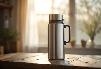Stainless steel insulated thermos bottle on a wooden table with soft natural light from a window. thermoskanne