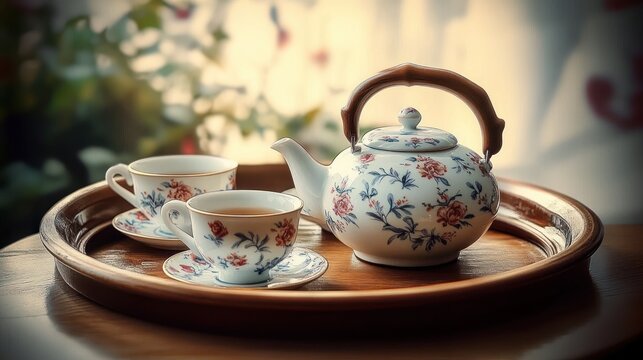 Cozy floral porcelain teapot and two matching teacups with saucers on a wooden tray bathed in warm sunlight, inviting peaceful tea time