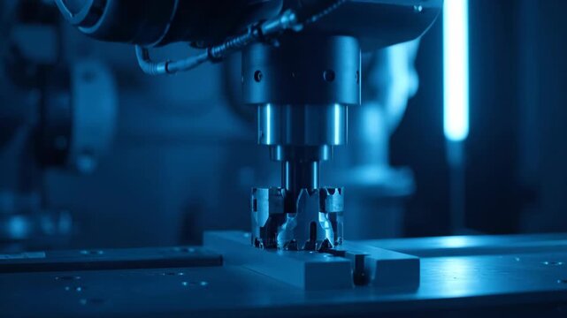 Automated CNC milling machine cutting metal part. Industry, technology, metal.