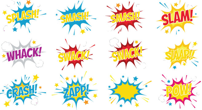 Set of colorful comic book sound effects bubbles with splash smash slam whack swack slap crash zapp pow vector illustration elements