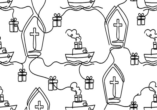 Sinterklaas Tradition Monoline Background with Miter and Steamboat