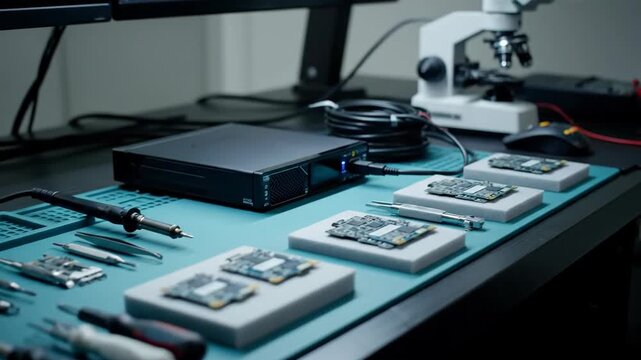 Close-up shot of circuit boards, soldering iron, tweezers and microscope on a workbench for technology repair or development.