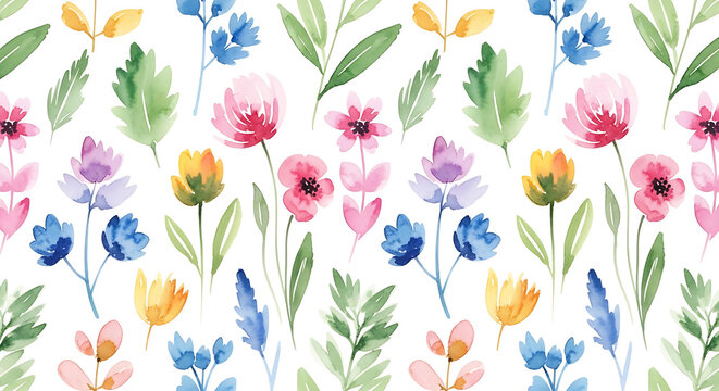 Hand painted garden flowers and green foliage background for textiles