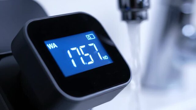 Smart water meter displaying water usage next to tap water, efficient technology.  