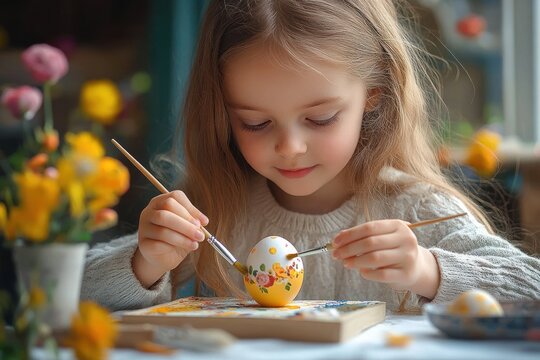 child with long hair in a knitted sweater painting a decorative yellow egg with floral design at a table with paintbrushes, palette and spring flowers, focused and serene