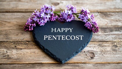 Close-up of a heart-shaped slate with 'HAPPY PENTECOST' etched in white, adorned with lilac flowers on weathered wood