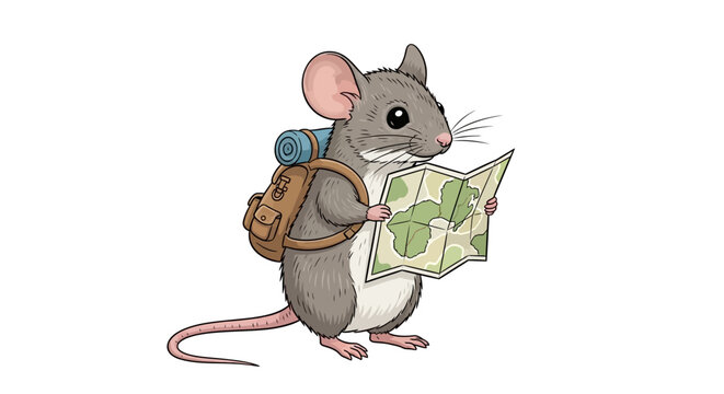 Illustration of a cute, cartoon mouse adventurer with a backpack and a map, ready for a journey and exploration