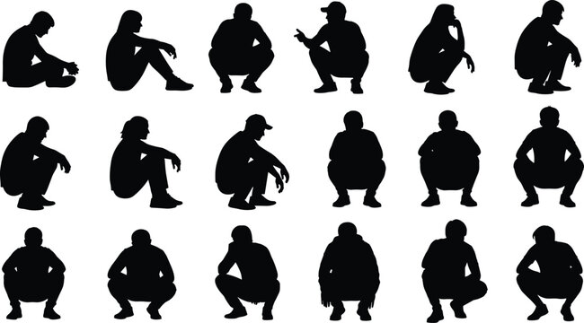 Sitting and crouching people silhouette collection, human poses bundle, resting person shapes, men and women figures for urban and lifestyle design (21 words)