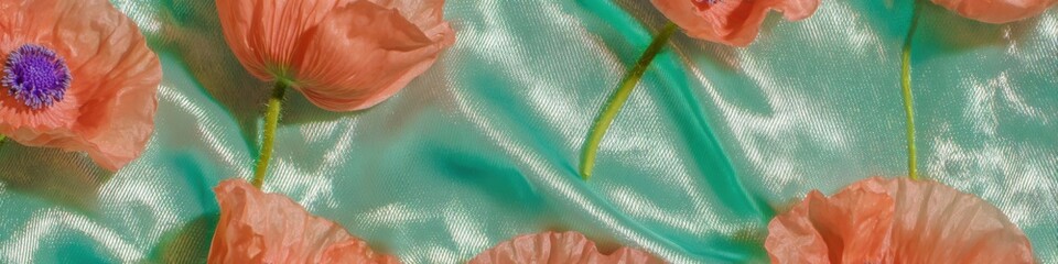 Peach poppy flowers arranged on teal satin fabric as a remembrance day floral background with copy space for commemorative marketing banners and greeting cards