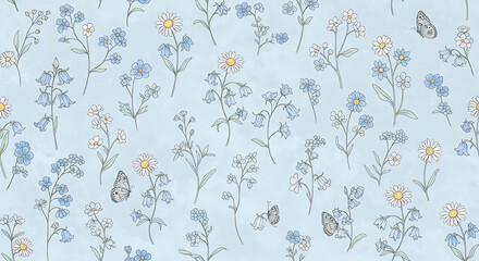 Obraz premium Wildflower Meadow Seamless Pattern - Delicate Bluebells and Daisies with Butterflies on Soft Sky Blue Background