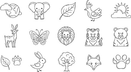 Collection of cute hand-drawn animal and nature icons in a simple outline style