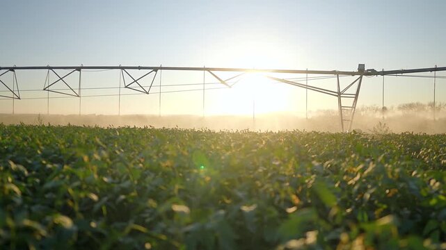 Automated agriculture irrigation system waters green field at sunset. Farm irrigation sprays water on crops during golden hour. Modern technology waters plants. Sun shines through mist in field.