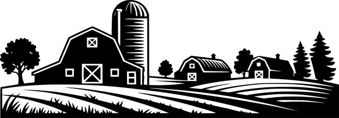 Black silhouette of a farm with barns silo trees and rolling fields white background © Rahmat