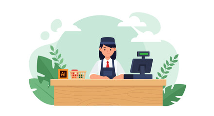 Female shop cashier worker behind retail grocery store checkout counter desk with machine basket flat vector character illustration design