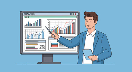 Man shows data on screen for work plan and big growth or firm goal now