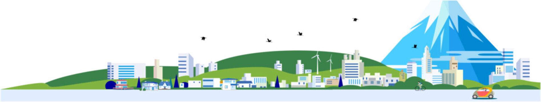 富士山とクリーンエネルギーの街並みのパノラマイラスト 背景素材（編集可能なベクターデータ・コピースペースあり）