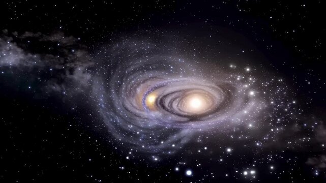 Two Spiral Galaxies Merging in Space. A stunning 3D cosmic animation showing two massive spiral galaxies colliding and merging into one against a vast starry background.