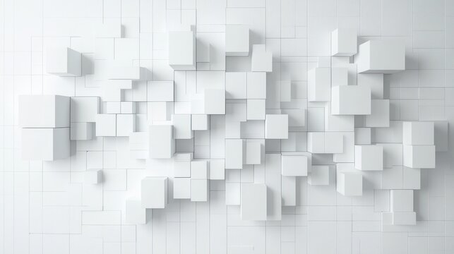 Minimalist white 3D cube relief on a gridded wall with soft shadows, geometric modular composition evoking calm modern order