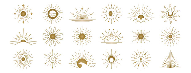 A collection of golden sun and moon symbols in various designs