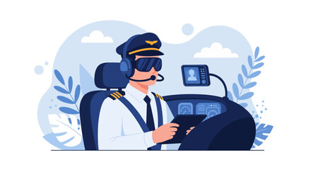 A male pilot in uniform cap and headset uses a tablet in a cockpit now