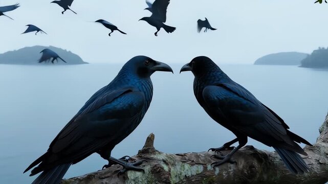 Two Black Ravens Interacting on a Tree Branch Overlooking a Lake