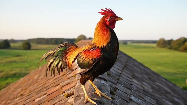 Colorful Rooster Crowing on a Farm House Roof at Sunrise