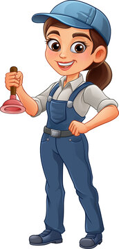 A woman female plumber holding a drain plunger tool builder construction cartoon character mascot.