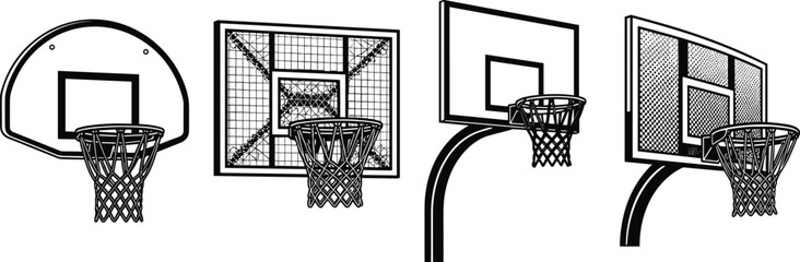 Basketball hoop set with backboard and net outlines, sports equipment icons in black and white silhouette isolated on white background. © Niheranjan