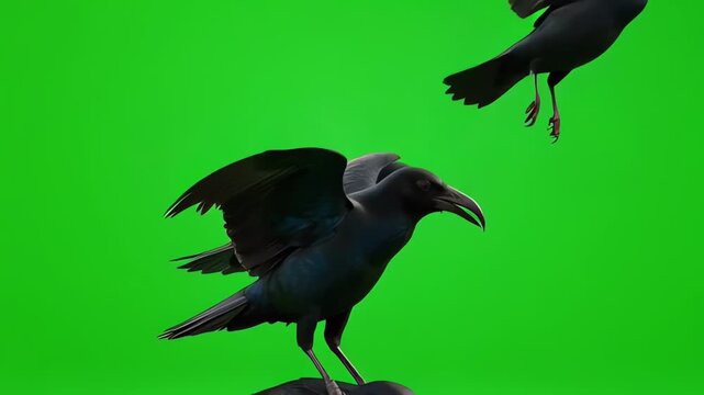 Murder of Crows Flying and Perching on Green Screen Background