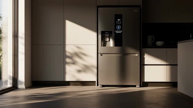 Modern kitchen interior with refrigerator, sunlight, and minimalist design. Clean and bright space.