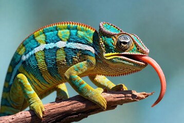 Obraz premium Colorful chameleon perched on a branch with its tongue extended