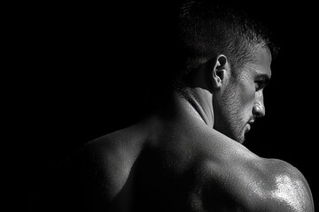 Fototapeta premium high-contrast black and white close-up of a glistening muscular back and shoulders with dramatic lighting conveying strength and solitude