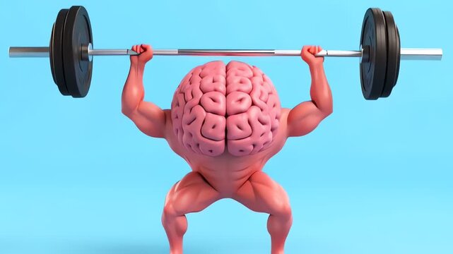 Muscular human brain lifting a heavy barbell for mental strength
