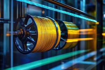 close-up of yellow wire spools on rotating metal reels in a high-tech factory with neon blue and green light trails conveying dynamic motion and precision