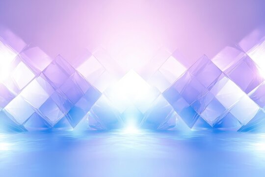 Central luminous arch of translucent cubes over a calm reflective water surface, pastel purple and blue light, a surreal geometric lightscape