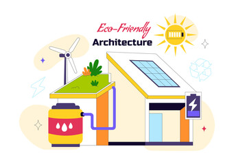 Naklejka premium Eco Friendly Architecture Vector Illustration with Sustainable House Solar Panels Wind Energy Green Building Concept and Renewable Technology Design