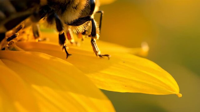 Bumble bee close up on bright yellow flower collecting pollen, summer daytime, macro.