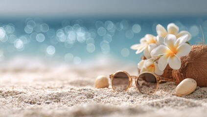 Fototapeta premium Tropical beach scene with coconut, flowers, and sunglasses on sand