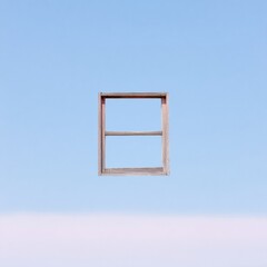 Old wooden window frame isolated on a blue sky backdrop for rustic architectural visualization and home renovation marketing with copy space for design mockup