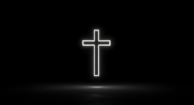 A glowing white Christian cross stands prominently against a dark black background with a subtle reflection below.