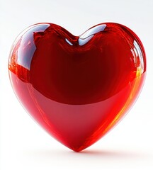 Shiny translucent red glass heart with glossy reflections on a clean white background, evoking warmth and romantic affection
