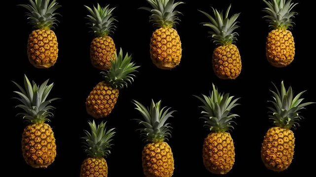 Pineapples Pattern Floating on Black Background