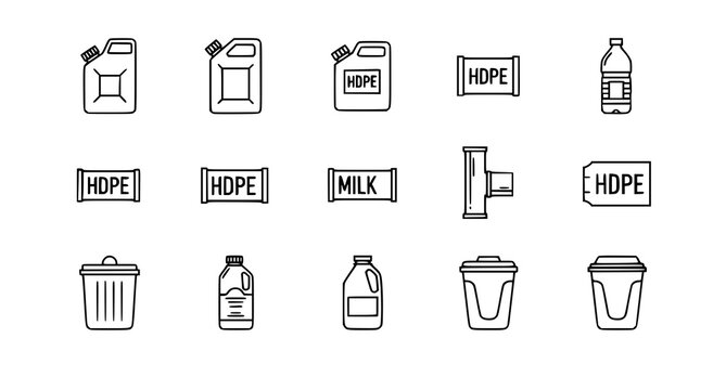 A set of minimalist icons depicting various plastic containers and recycling symbols