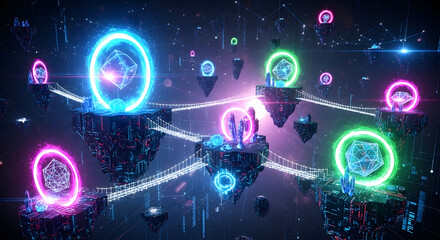 Obraz premium Cyber Worlds: A mesmerizing depiction of floating islands, connected by pathways of light, each adorned with a glowing portal, showcasing the interconnectedness of a digital metaverse.