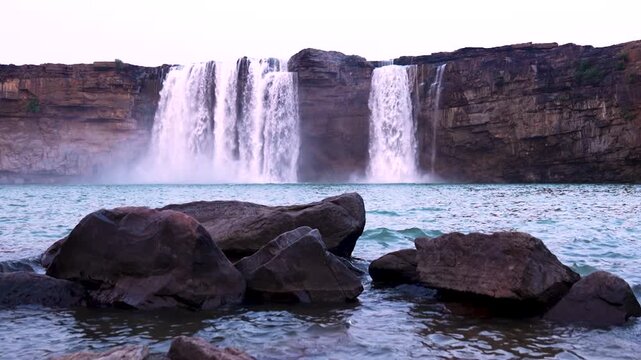 Cinematic view of Chitrakote Falls in Chhattisgarh, one of the widest waterfalls in India.