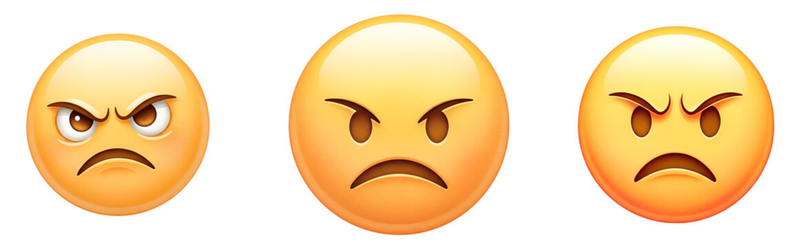 Three angry emojis with different expressions on transparent background