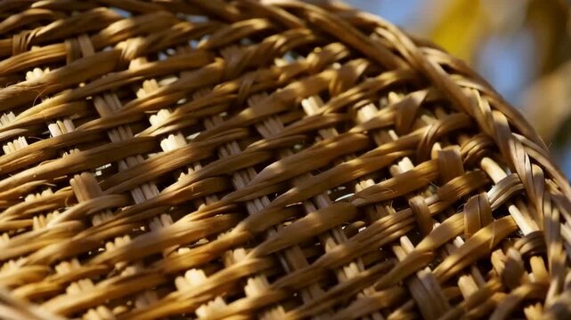 Close-up of Woven Wicker Basket. Macro texture shot of a light brown handmade wicker basket weave with sunlight and shadows playing across the natural material.