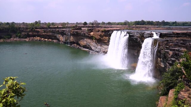 Cinematic view of Chitrakote Falls in Chhattisgarh, one of the widest waterfalls in India.