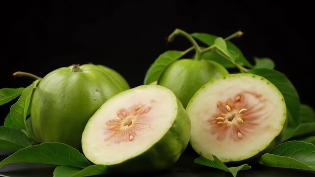 Fresh Sliced Green Garcinia Cambogia Fruits on Black Background